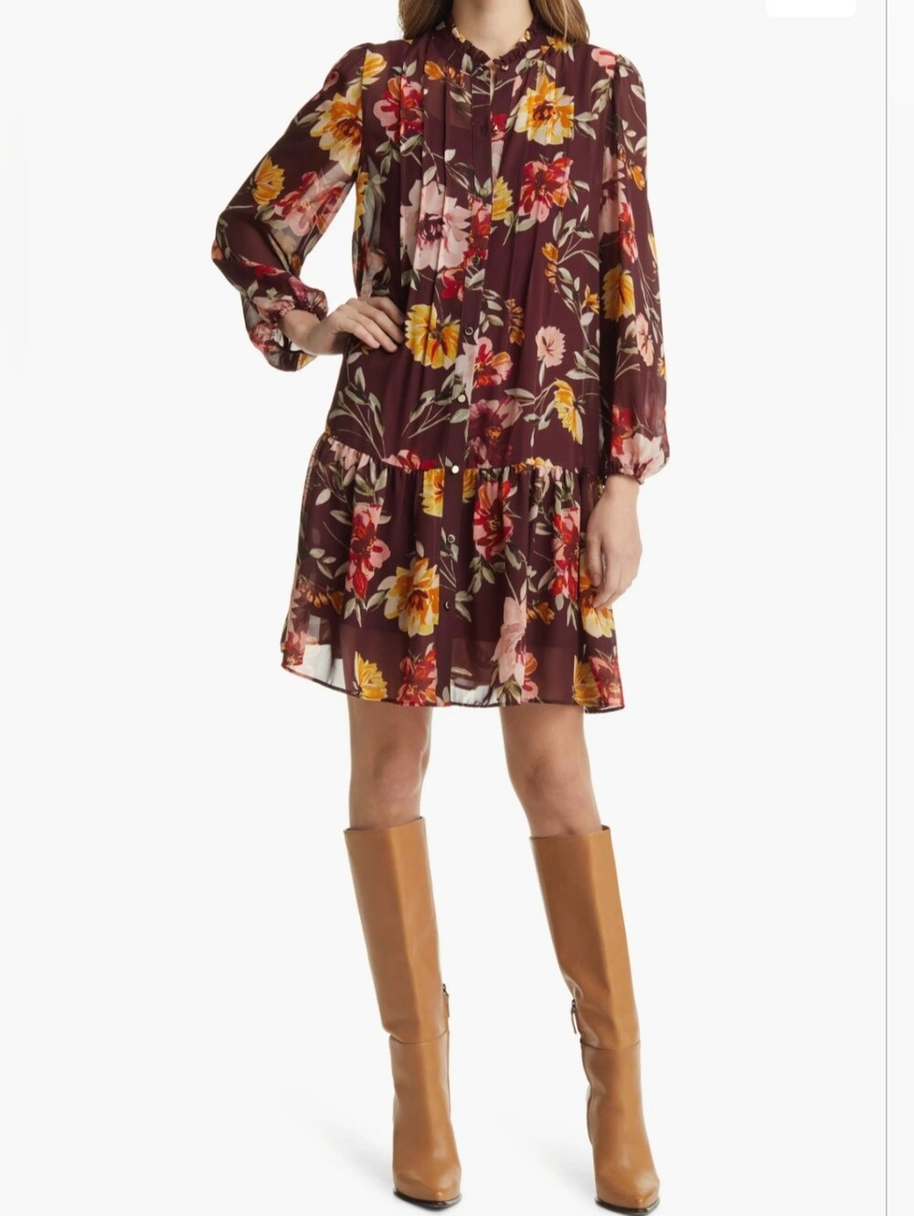 Floral Long-Sleeve Tiered Shift Dress in Burgundy